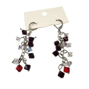 Vintage 60s-70s Clear Red Faceted Beaded Dangle Lever Back Earrings Silver Tone